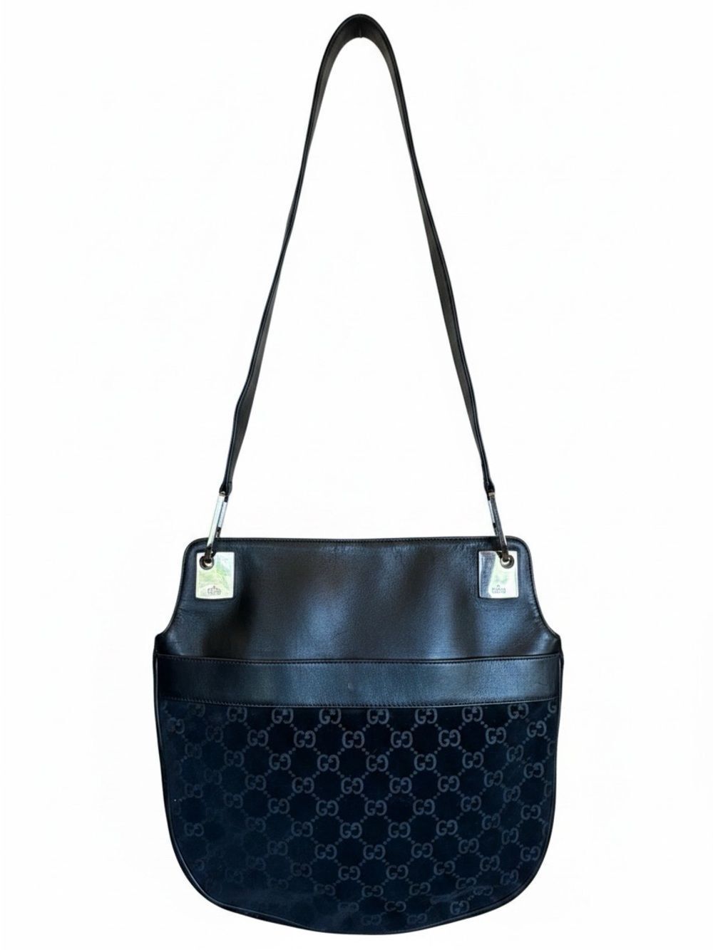Gucci Black GG Monogram Suede & Black Leather Shoulder Bag Auth